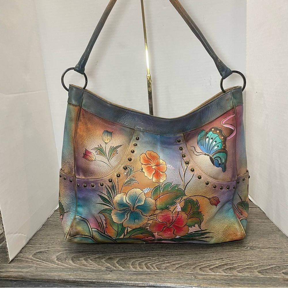 Anuschka Colorful Floral and Butterfly Shoulder Bag satchel. Leather. Pre-owned